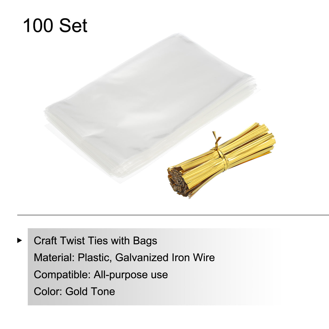 Harfington Clear Plastic Bags 6"x4" with 3" Foil Twist Ties Gold Tone 100 Set