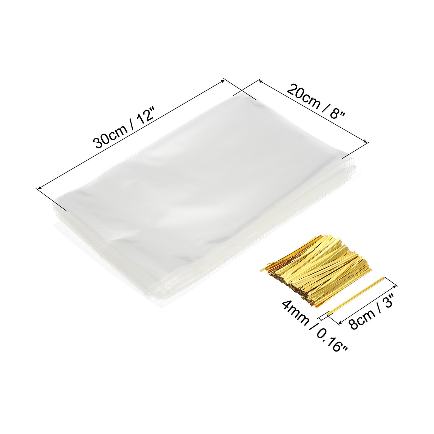 Harfington Clear Plastic Bags 12"x8" with 3" Foil Twist Ties Gold Tone 100 Set