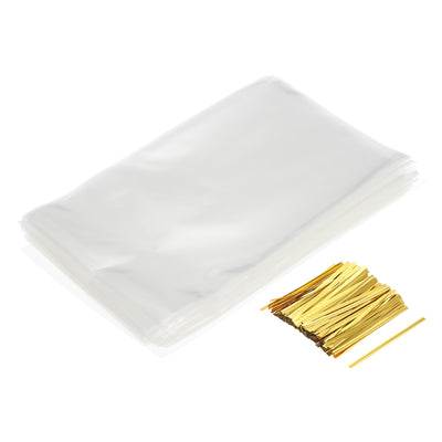 Harfington Clear Plastic Bags 12"x8" with 3" Foil Twist Ties Gold Tone 100 Set