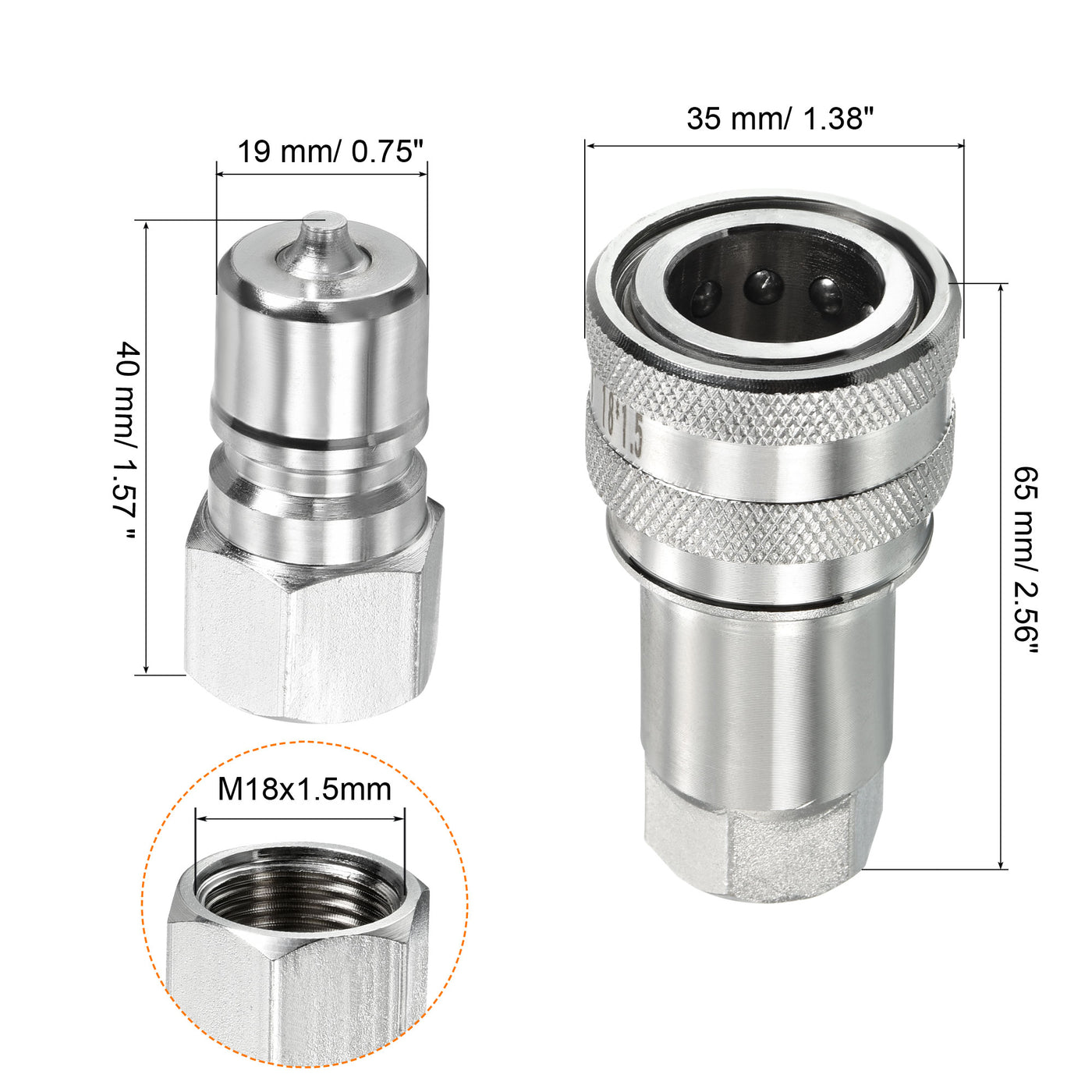 Harfington Hydraulic Quick Connect Coupler, 1 Set Carbon Steel M18x1.5mm Female Thread Pipe Fitting Plug Adapter for Construction Agriculture, Silver