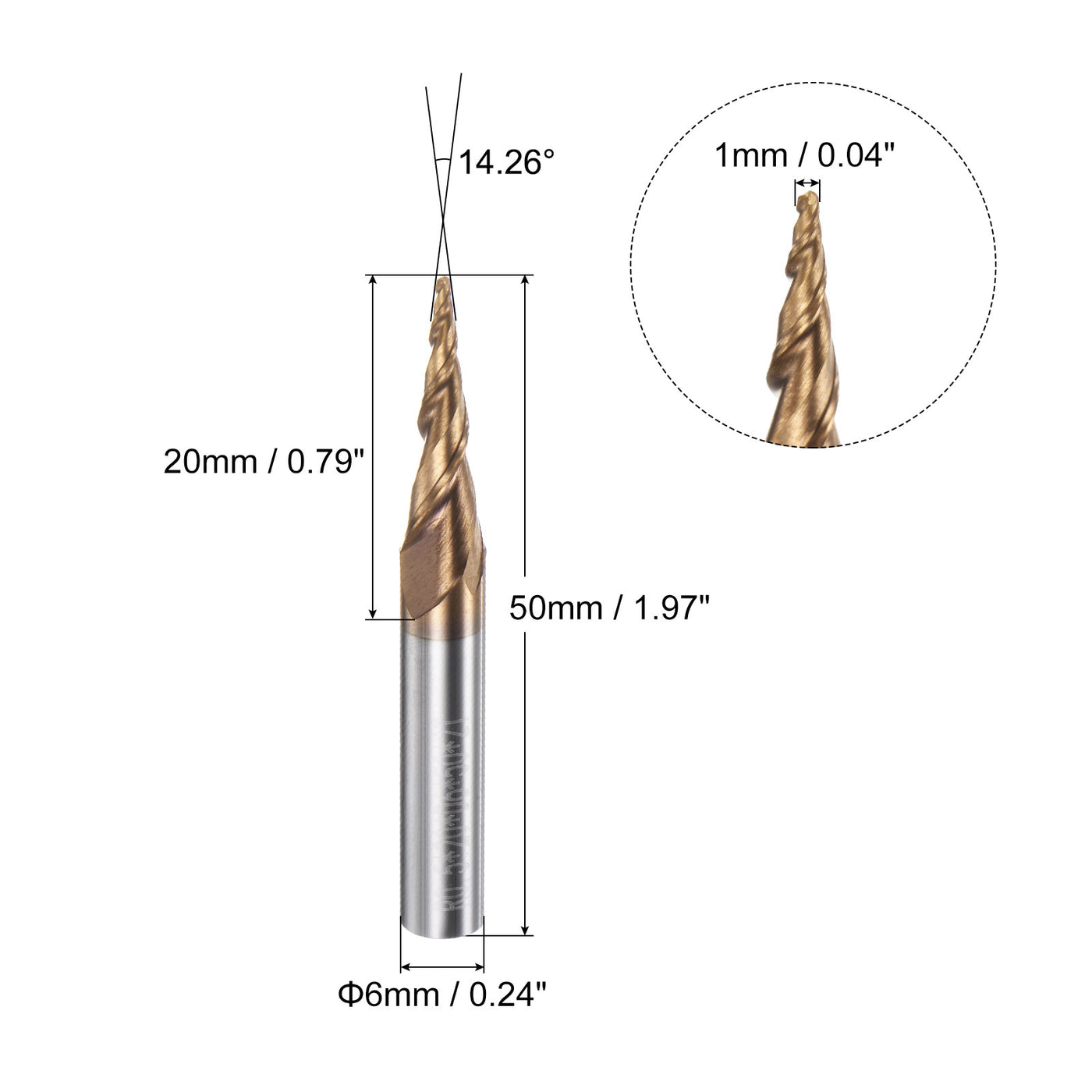 uxcell Uxcell 1mm x 6mm 14.26 Degree Angle TiSiN Coated Carbide Tapered Ball Nose End Mill