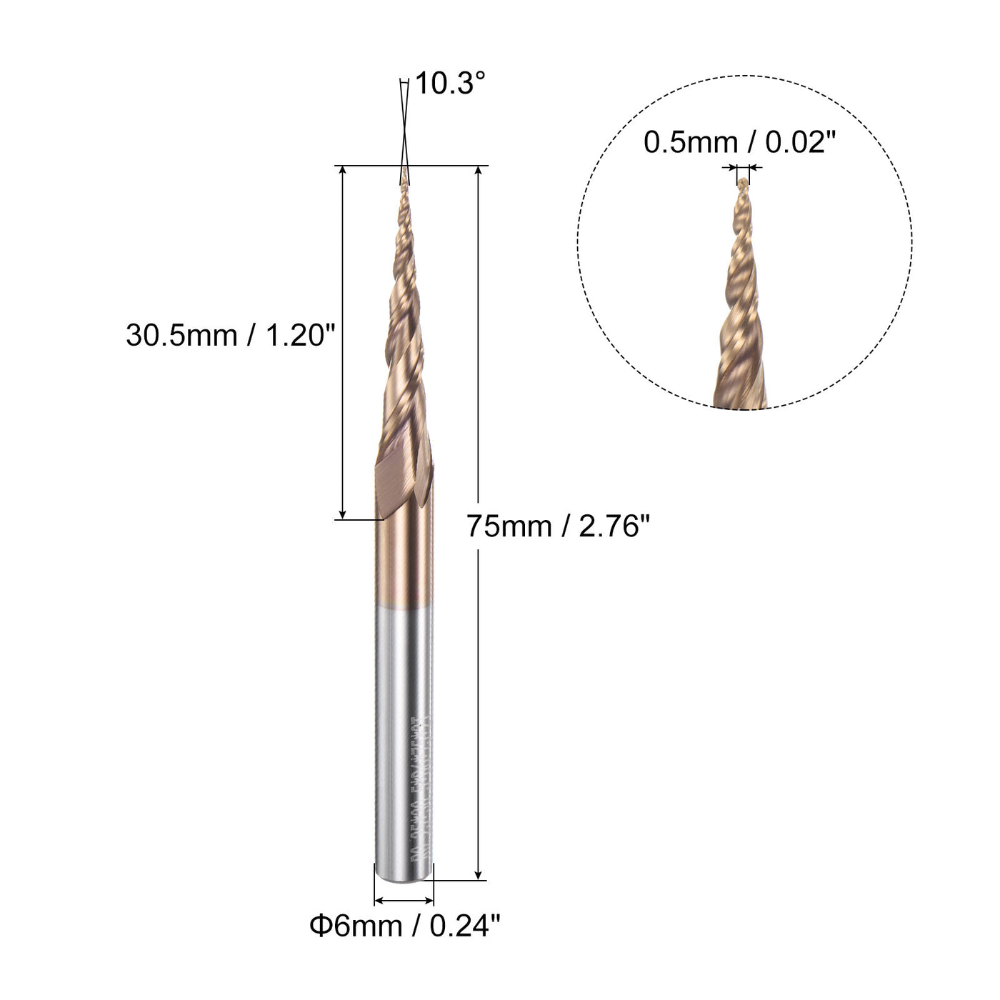 uxcell Uxcell 0.5mm x 6mm 10.3 Degree Angle TiSiN Coated Carbide Tapered Ball Nose End Mill