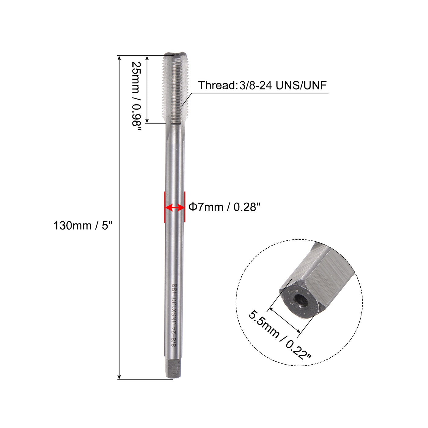uxcell Uxcell 3/8-24 UNS/UNF High Speed Steel 5" Length 3 Straight Flute Machine Thread Tap
