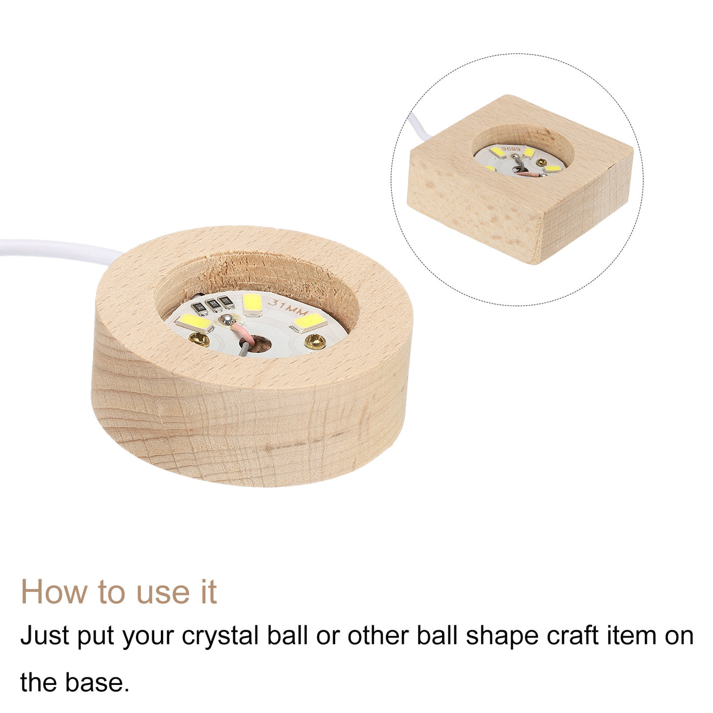 Harfington LED Wooden Ball Stand Holders Displays Base 10x10x2cm 10x2cm Warm Light Square Round USB Switch for Crystal Ball Stone 1 Set