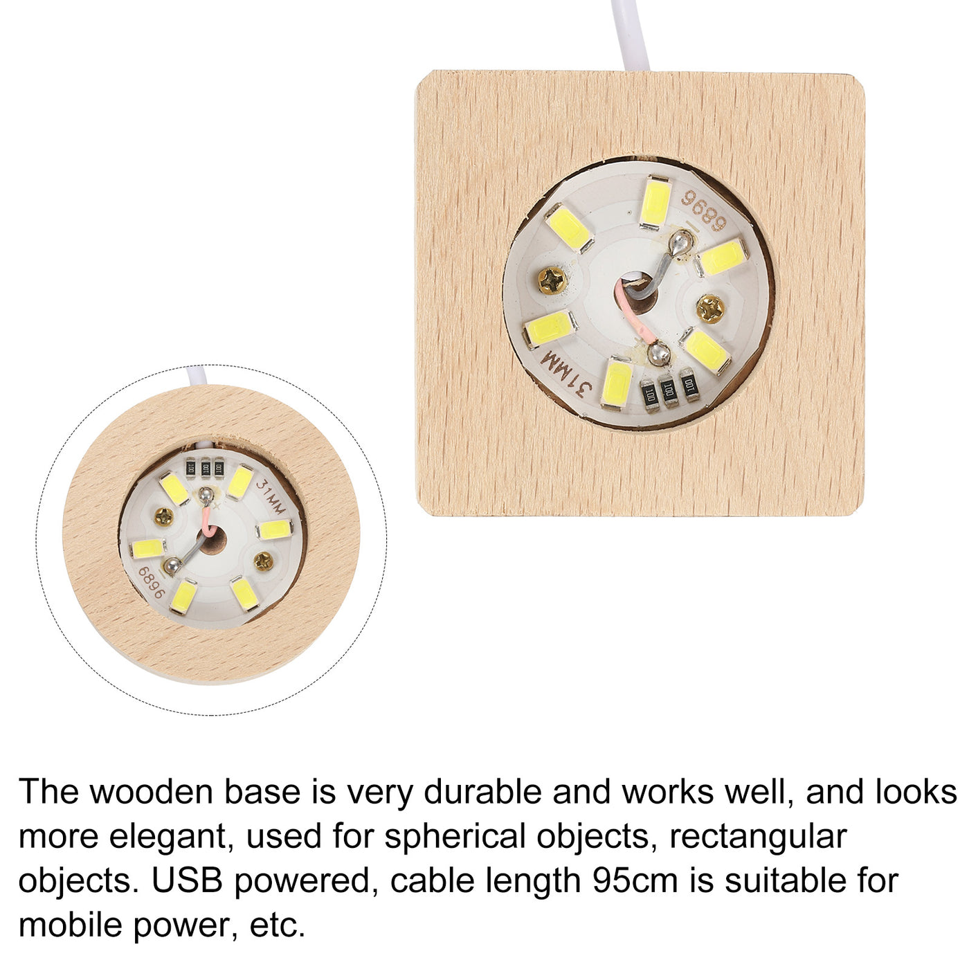 Harfington LED Wooden Ball Stand Holders Displays Base 10x10x2cm 10x2cm Warm Light Square Round USB Switch for Crystal Ball Stone 1 Set
