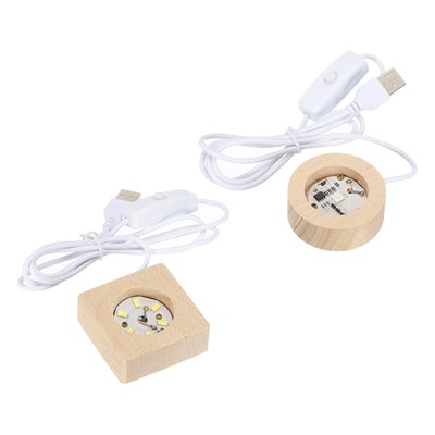 Harfington LED Wooden Ball Stand Holders Displays Base 10x10x2cm 10x2cm Warm Colorful Light Square Round USB Switch for Crystal Ball Stone 1 Set