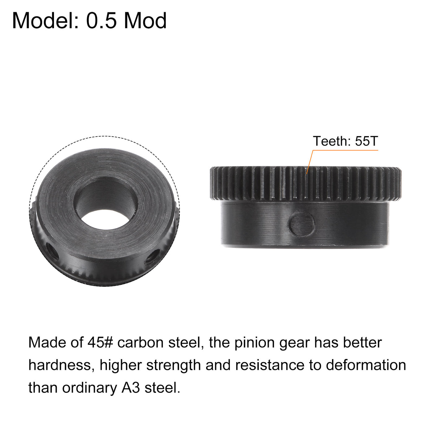 uxcell Uxcell 0.5 Mod 55T 10mm Bore 28.5mm Outer Dia 45# Carbon Steel Motor Pinion Gear Set