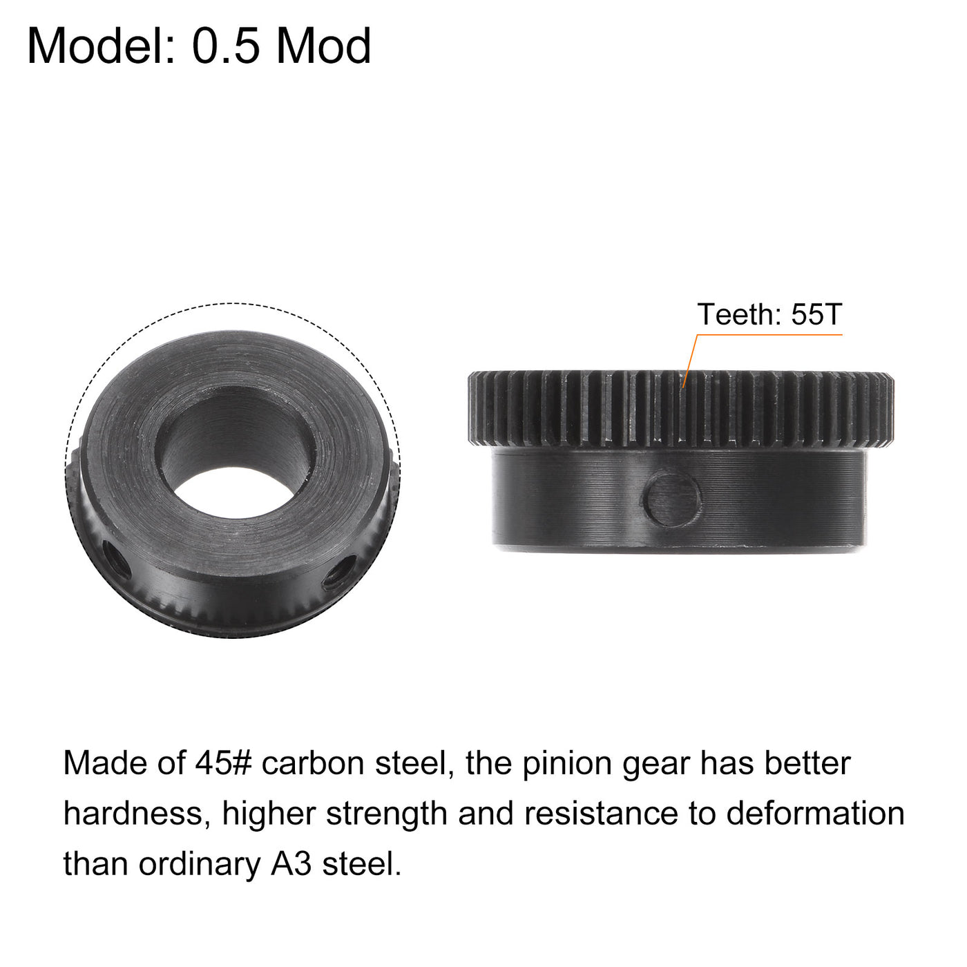 uxcell Uxcell 0.5 Mod 55T 12mm Bore 28.5mm Outer Dia 45# Carbon Steel Motor Pinion Gear Set