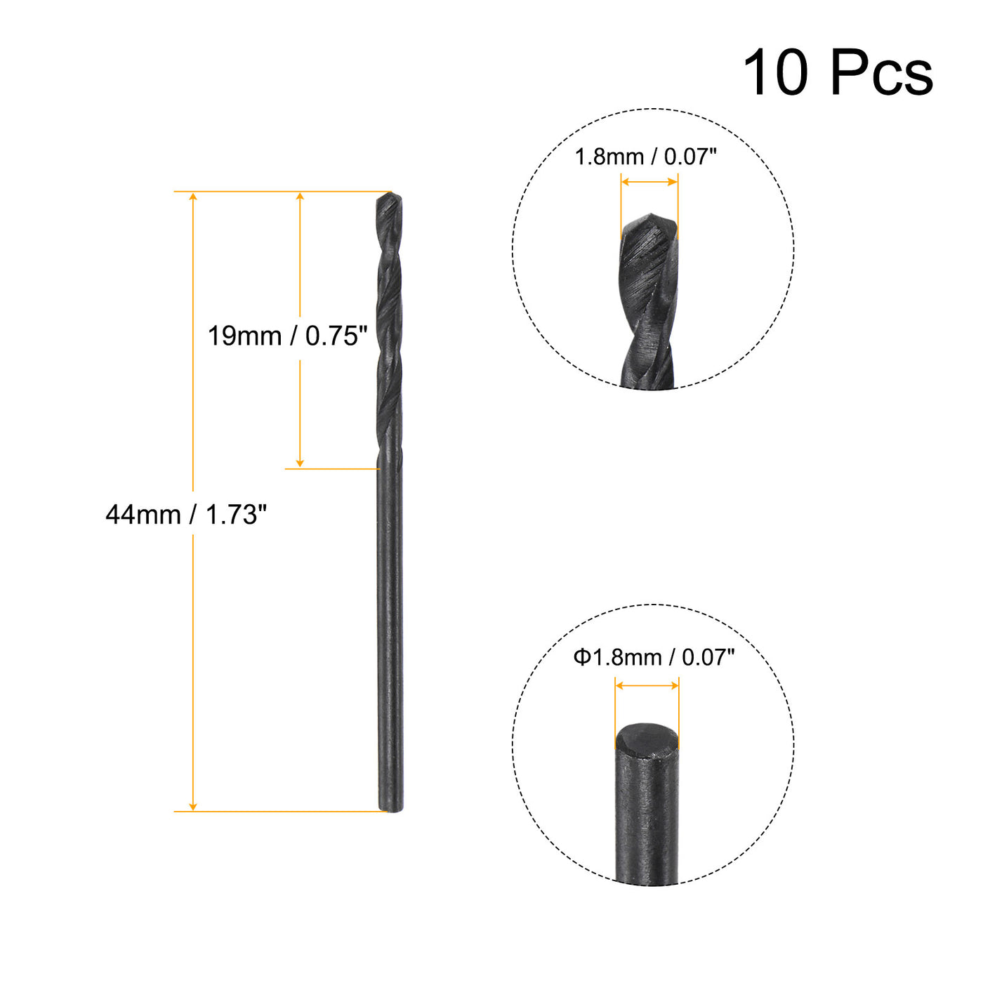 uxcell Uxcell High Speed Steel Twist Drill Bit, 1.8mm Fully Ground Black Oxide 44mm Long 10Pcs