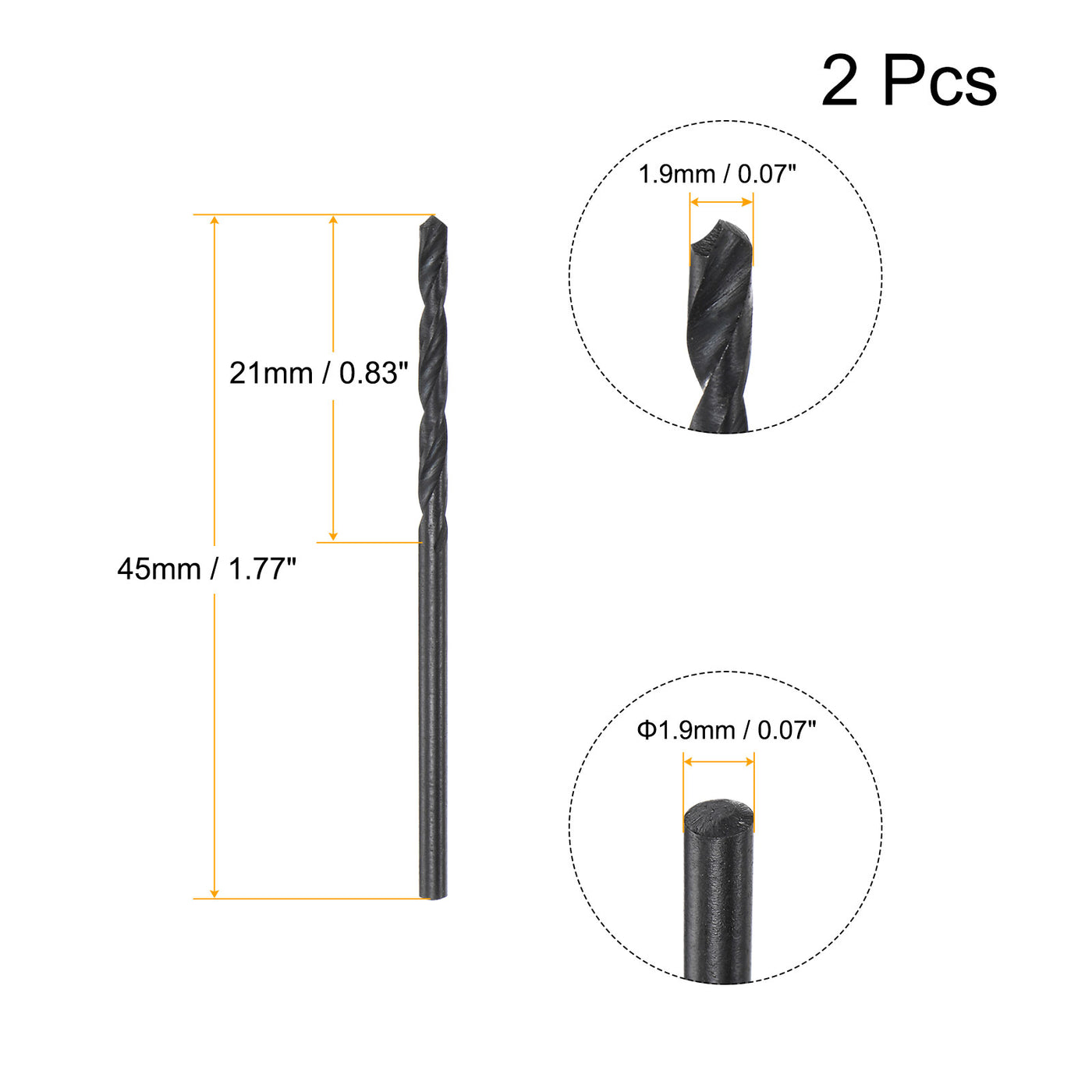 uxcell Uxcell High Speed Steel Twist Drill Bit, 1.9mm Fully Ground Black Oxide 45mm Long 2Pcs