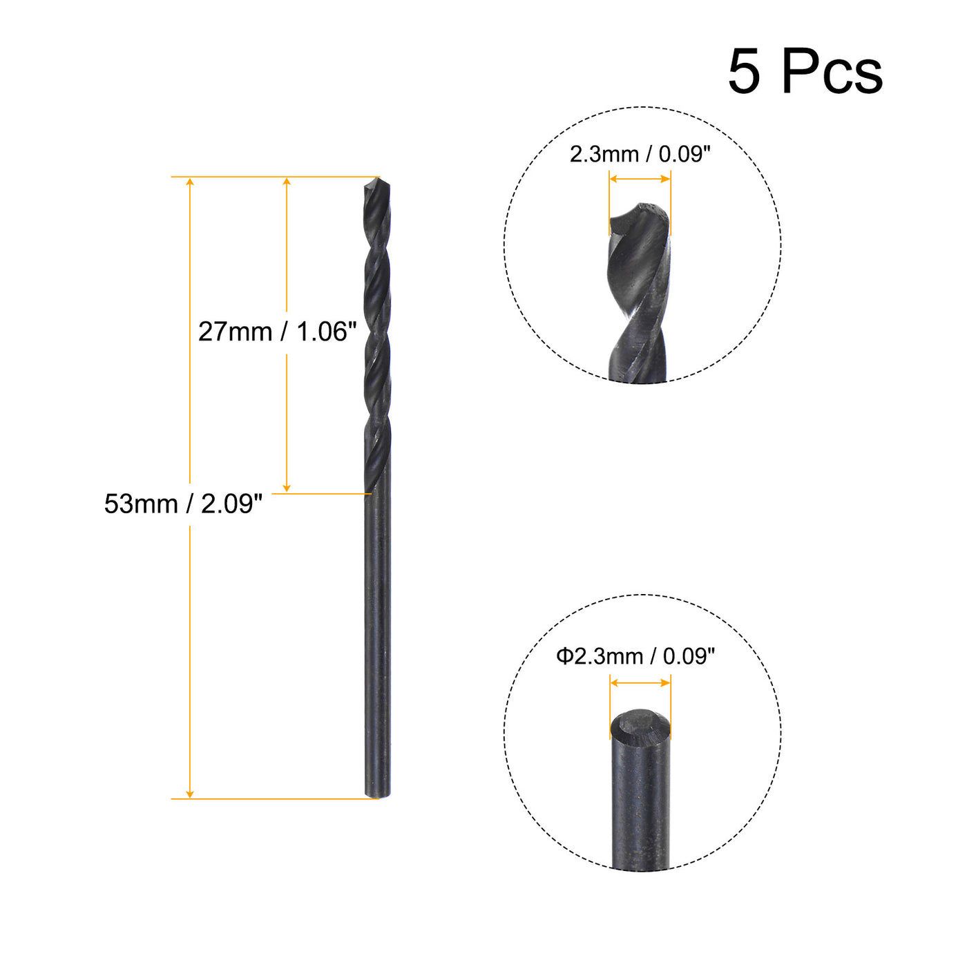 uxcell Uxcell High Speed Steel Twist Drill Bit, 2.3mm Fully Ground Black Oxide 53mm Long 5Pcs