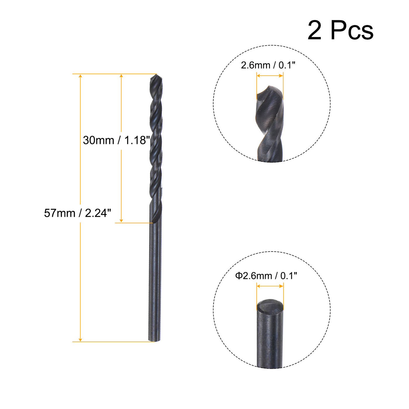 uxcell Uxcell High Speed Steel Twist Drill Bit, 2.6mm Fully Ground Black Oxide 57mm Long 2Pcs