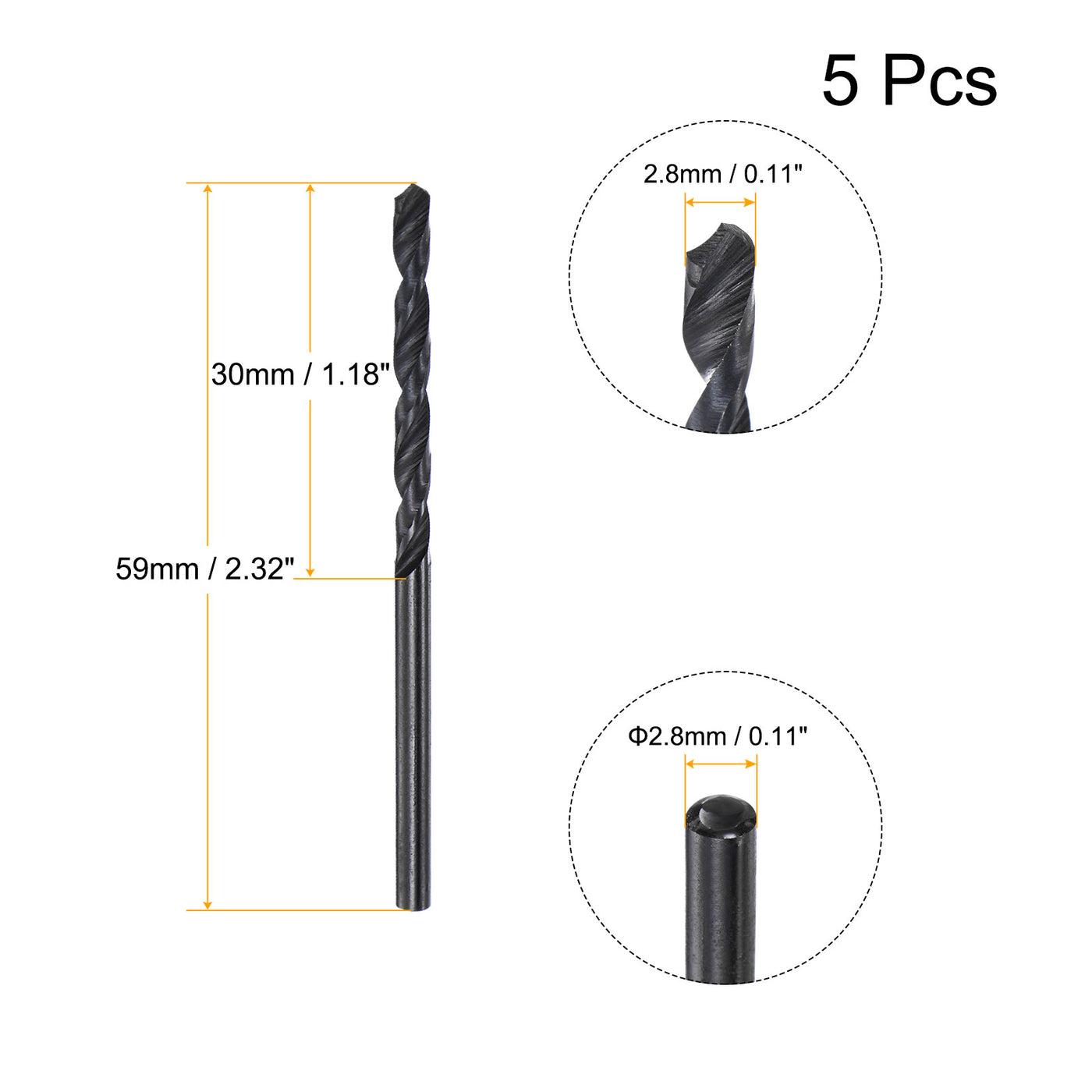 uxcell Uxcell High Speed Steel Twist Drill Bit, 2.8mm Fully Ground Black Oxide 59mm Long 5Pcs