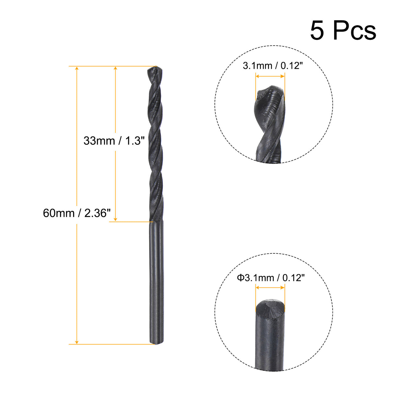 uxcell Uxcell High Speed Steel Twist Drill Bit, 3.1mm Fully Ground Black Oxide 60mm Long 5Pcs