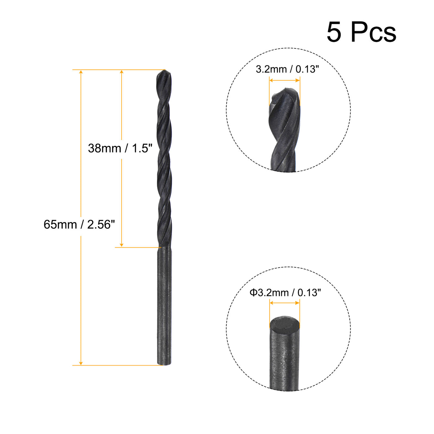 uxcell Uxcell High Speed Steel Twist Drill Bit, 3.2mm Fully Ground Black Oxide 65mm Long 5Pcs