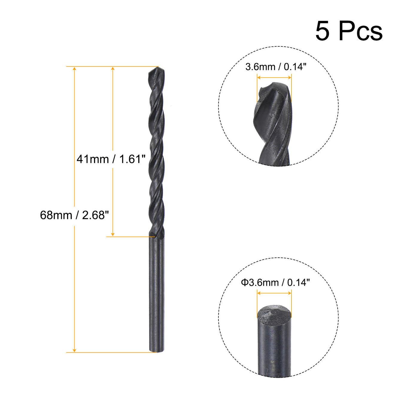 uxcell Uxcell High Speed Steel Twist Drill Bit, 3.6mm Fully Ground Black Oxide 68mm Long 5Pcs