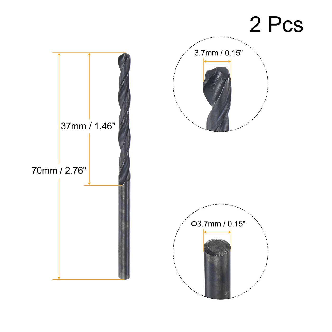 uxcell Uxcell High Speed Steel Twist Drill Bit, 3.7mm Fully Ground Black Oxide 70mm Long 2Pcs