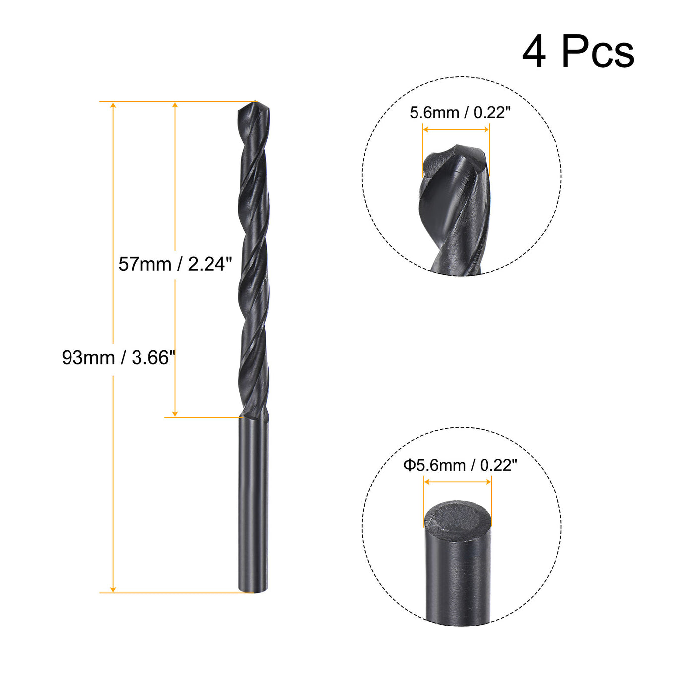uxcell Uxcell High Speed Steel Twist Drill Bit, 5.6mm Fully Ground Black Oxide 93mm Long 4Pcs