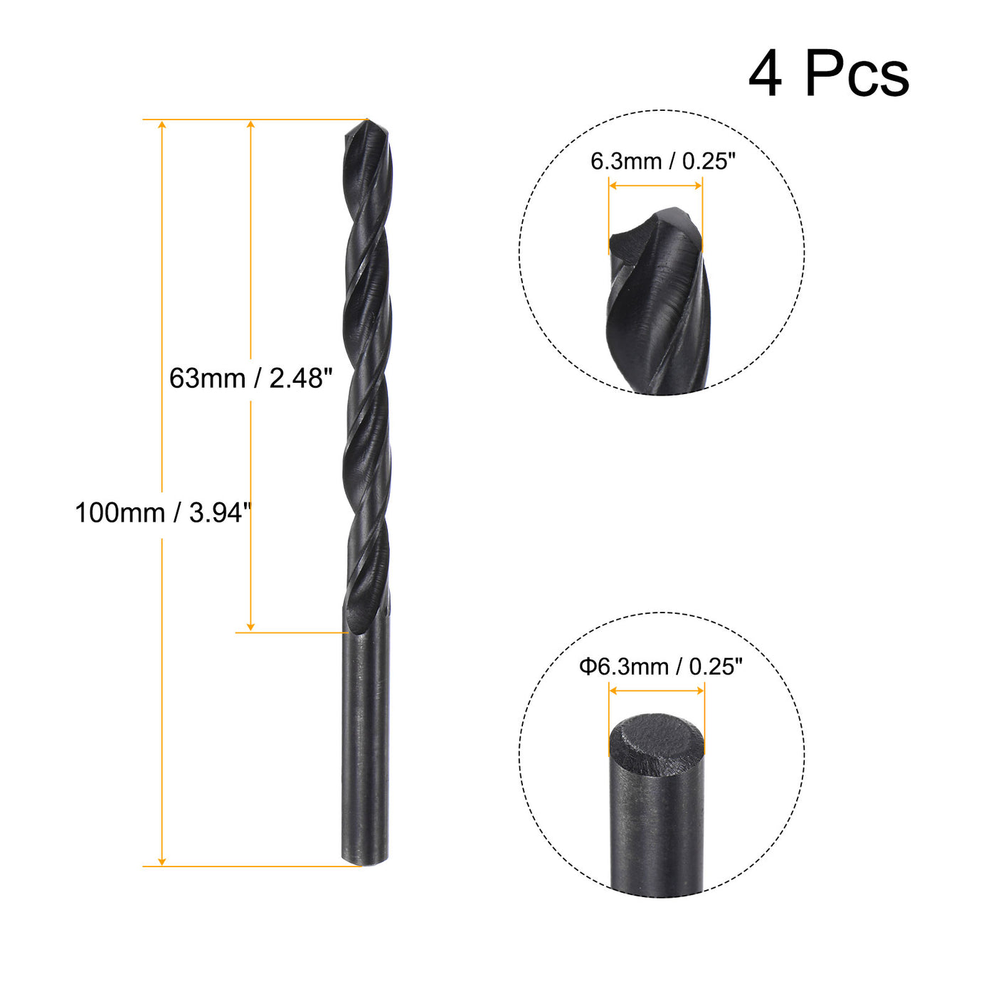 uxcell Uxcell High Speed Steel Twist Drill Bit, 6.3mm Fully Ground Black Oxide 100mm Long 4Pcs