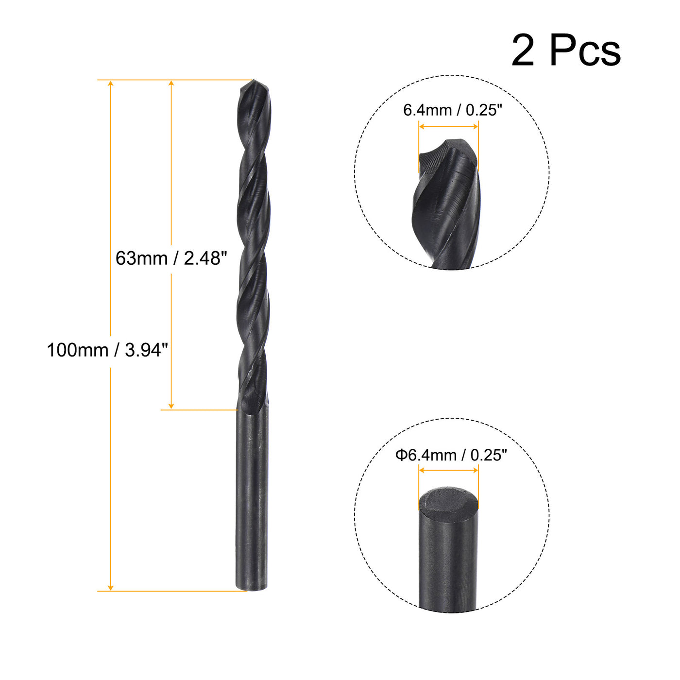 uxcell Uxcell High Speed Steel Twist Drill Bit, 6.4mm Fully Ground Black Oxide 100mm Long 2Pcs