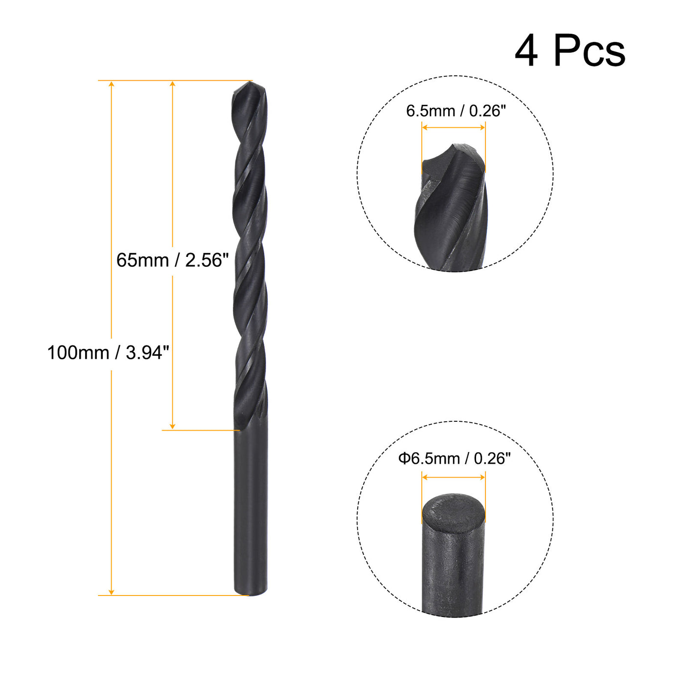 uxcell Uxcell High Speed Steel Twist Drill Bit, 6.5mm Fully Ground Black Oxide 100mm Long 4Pcs