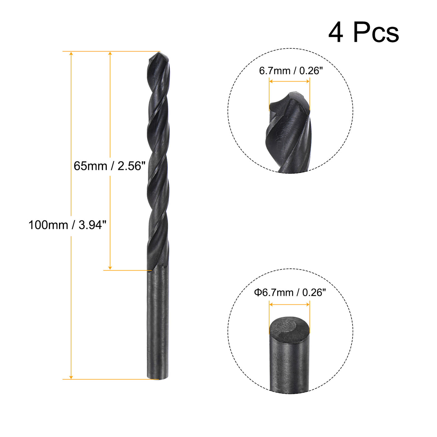 uxcell Uxcell High Speed Steel Twist Drill Bit, 6.7mm Fully Ground Black Oxide 100mm Long 4Pcs