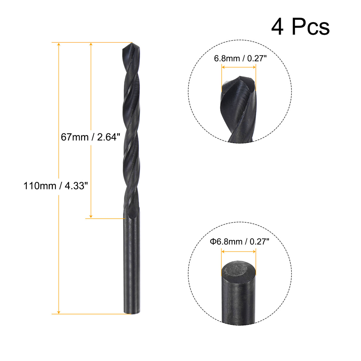 uxcell Uxcell High Speed Steel Twist Drill Bit, 6.8mm Fully Ground Black Oxide 110mm Long 4Pcs