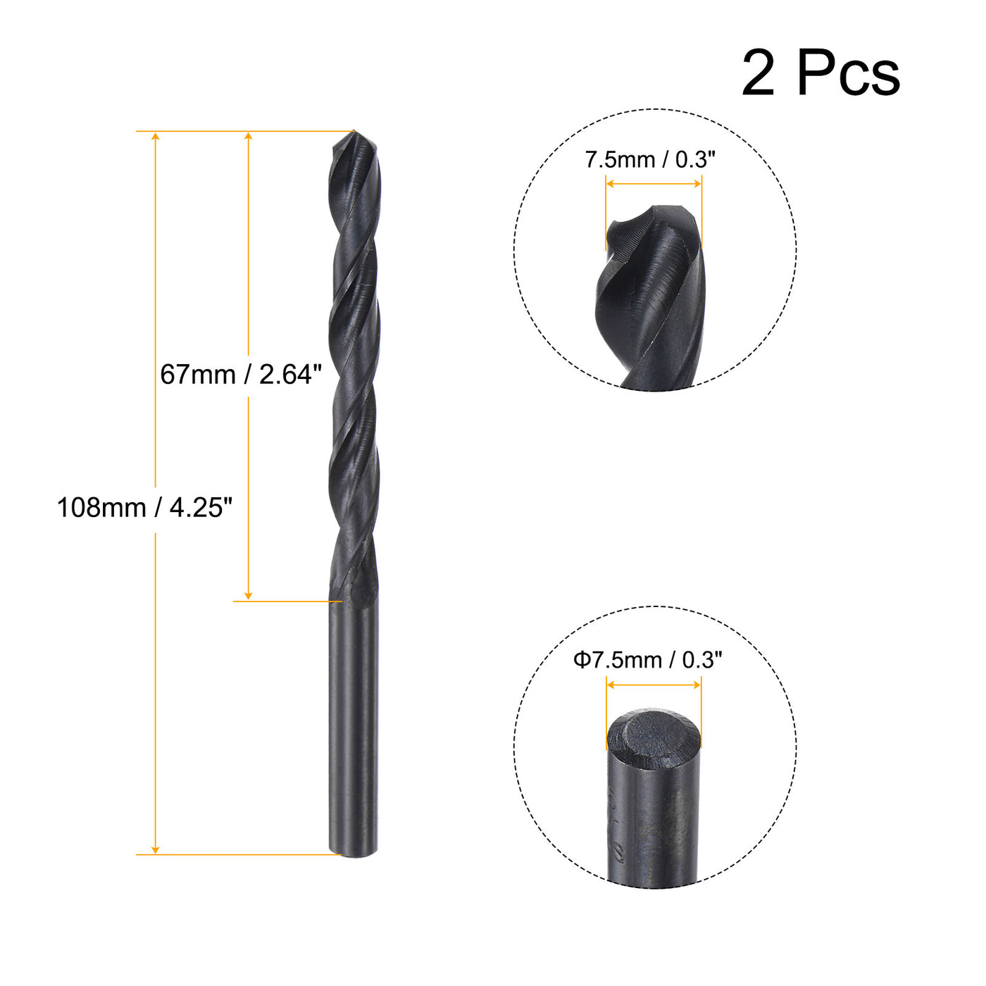 uxcell Uxcell High Speed Steel Twist Drill Bit, 7.5mm Fully Ground Black Oxide 108mm Long 2Pcs