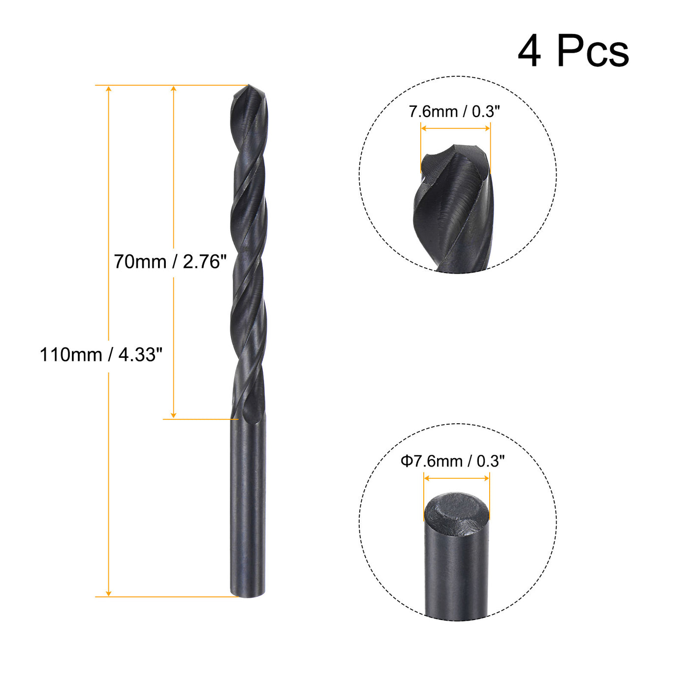 uxcell Uxcell High Speed Steel Twist Drill Bit, 7.6mm Fully Ground Black Oxide 110mm Long 4Pcs