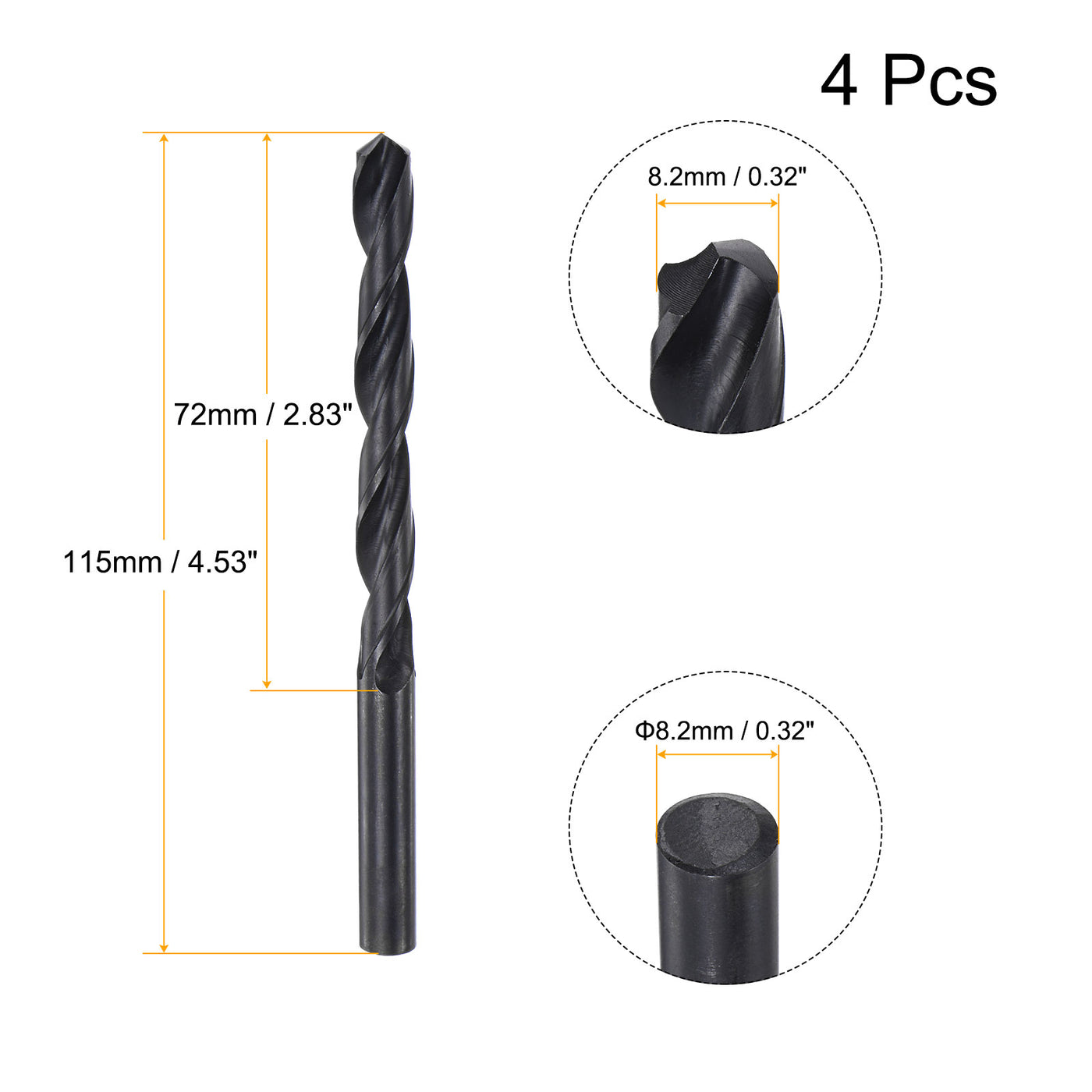 uxcell Uxcell High Speed Steel Twist Drill Bit, 8.2mm Fully Ground Black Oxide 115mm Long 4Pcs