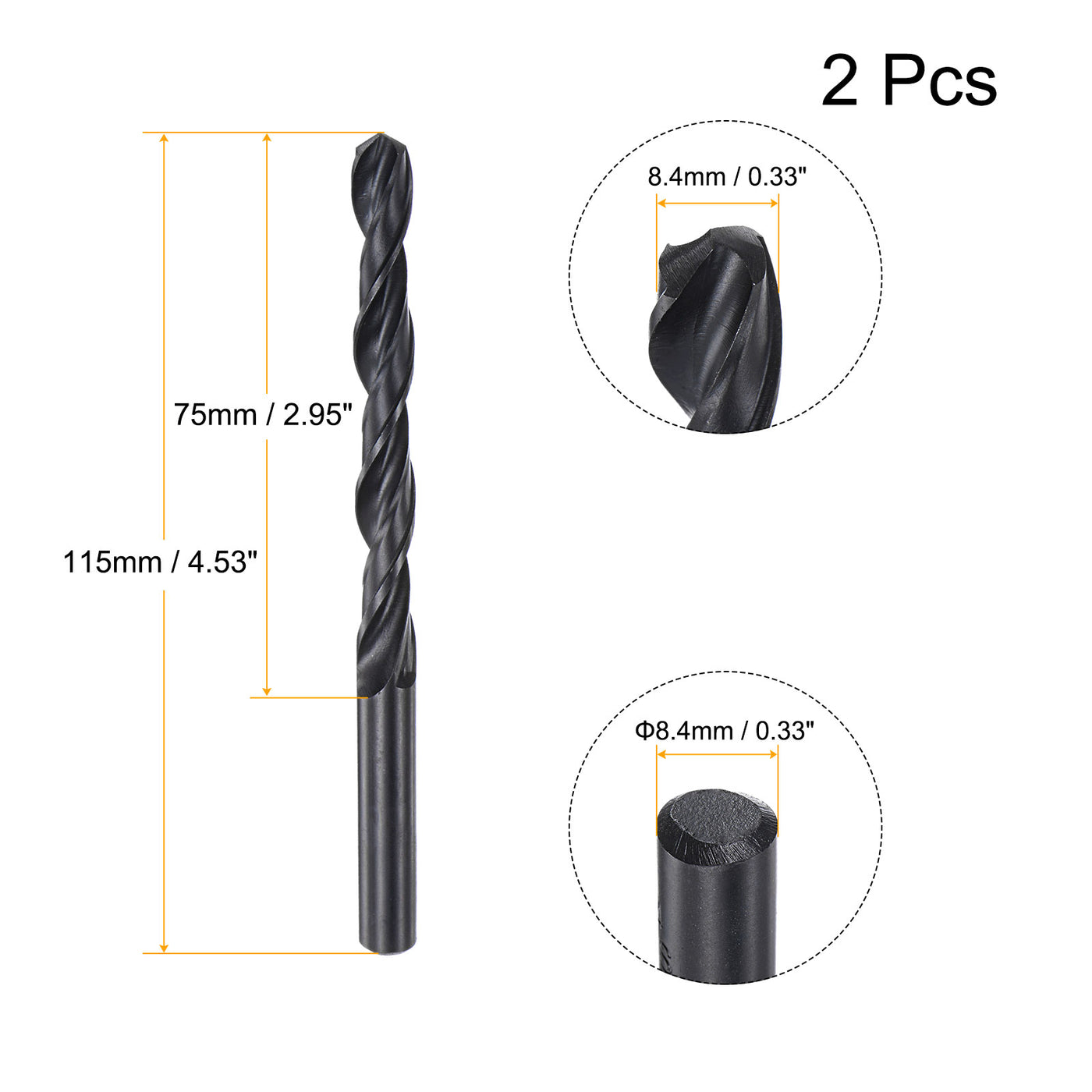 uxcell Uxcell High Speed Steel Twist Drill Bit, 8.4mm Fully Ground Black Oxide 115mm Long 2Pcs