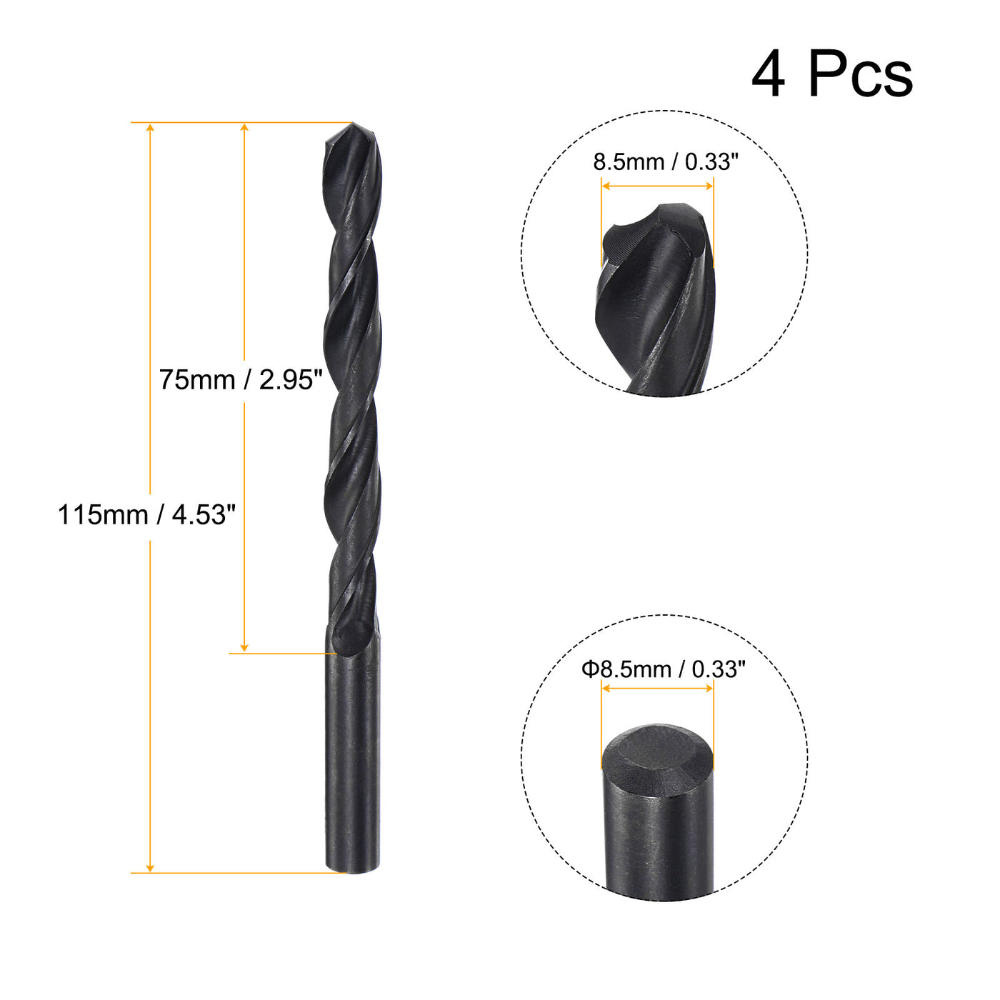 uxcell Uxcell High Speed Steel Twist Drill Bit, 8.5mm Fully Ground Black Oxide 115mm Long 4Pcs