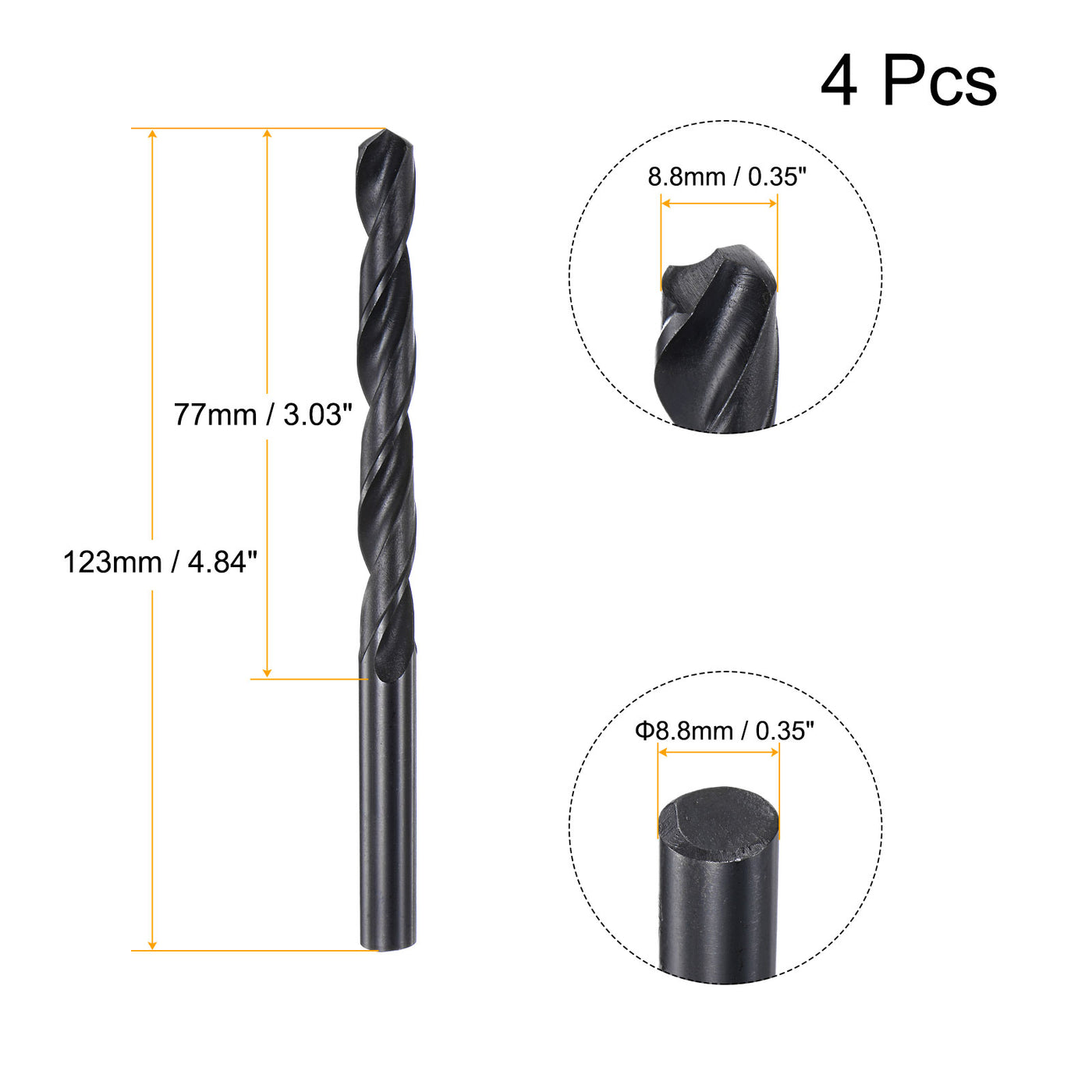 uxcell Uxcell High Speed Steel Twist Drill Bit, 8.8mm Fully Ground Black Oxide 123mm Long 4Pcs