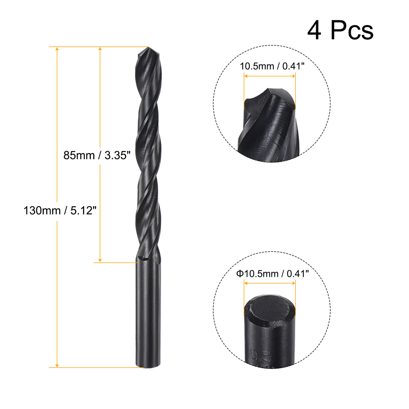 uxcell Uxcell High Speed Steel Twist Drill Bit, 10.5mm Fully Ground Black Oxide 130mm Long 4Pc