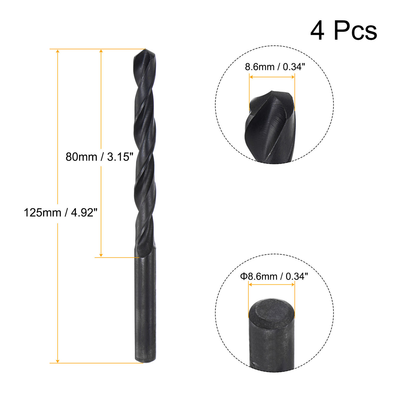 uxcell Uxcell High Speed Steel Twist Drill Bit, 8.6mm Fully Ground Black Oxide 125mm Long 4Pcs