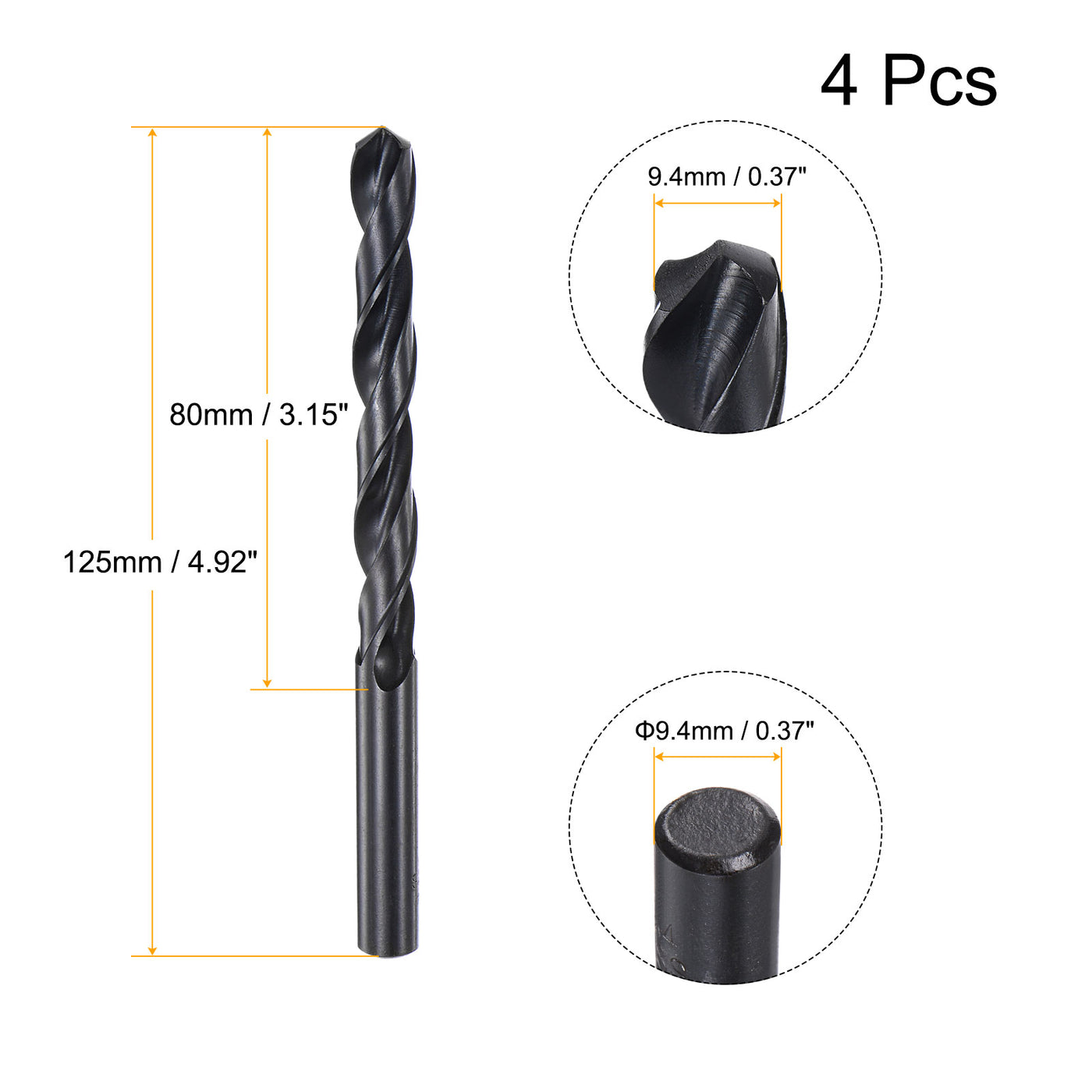 uxcell Uxcell High Speed Steel Twist Drill Bit, 9.4mm Fully Ground Black Oxide 125mm Long 4Pcs