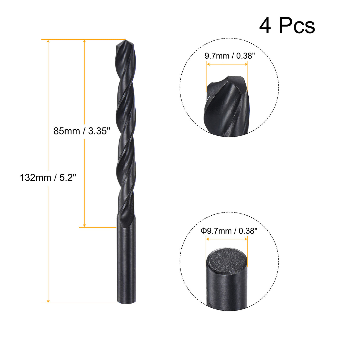 uxcell Uxcell High Speed Steel Twist Drill Bit, 9.7mm Fully Ground Black Oxide 132mm Long 4Pcs