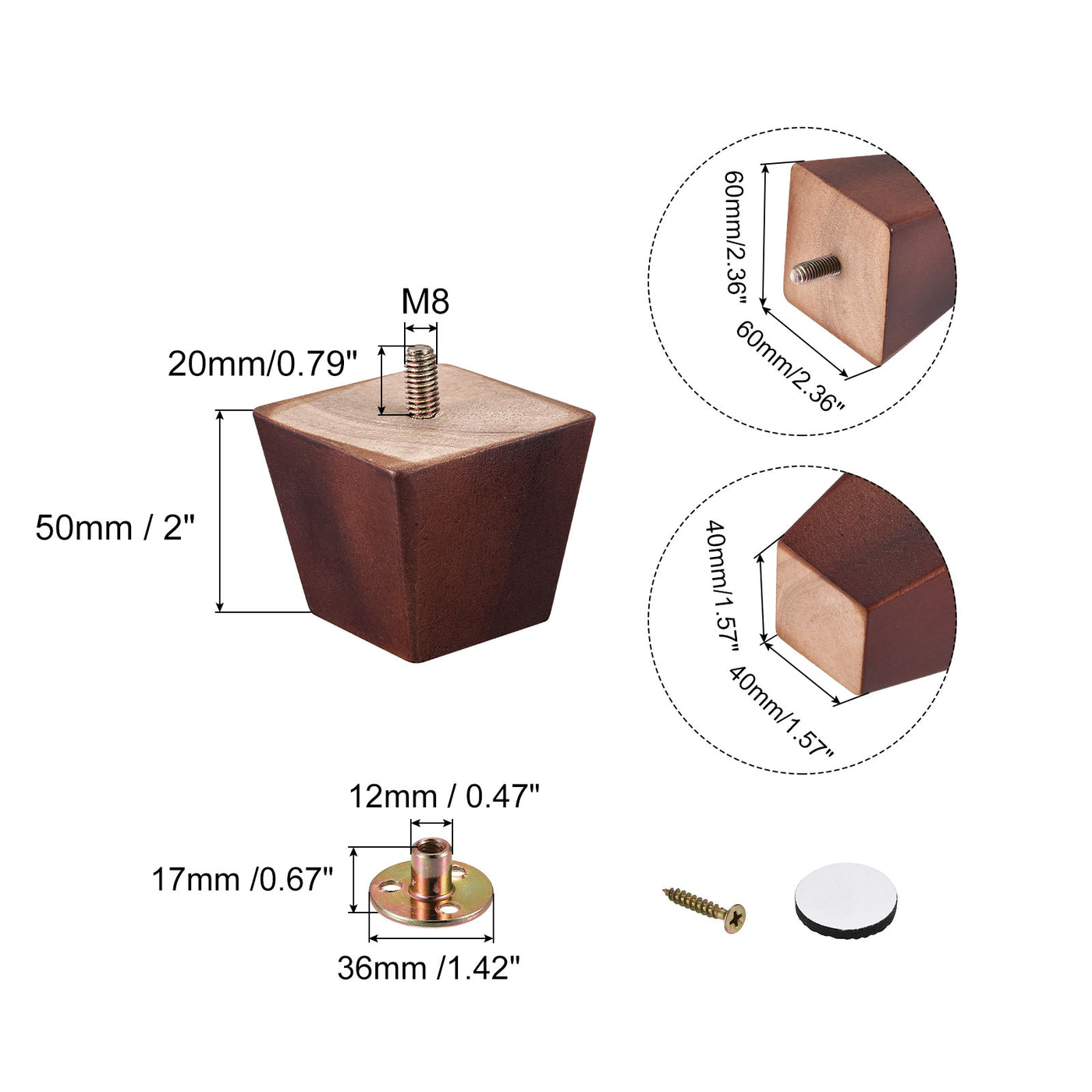 uxcell Uxcell Furniture Legs, 50mm Set of 4 Square Wood Couch Legs, with Accessories, Brown