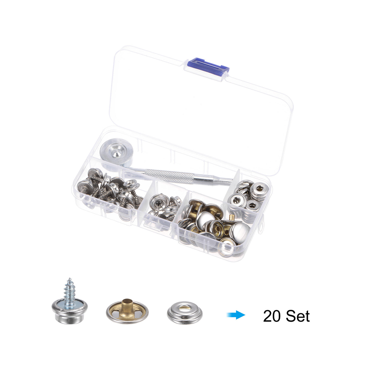 Harfington 20 Sets Metal Screw Snap Fasteners Kit 10mm Copper Snaps with Tool, Silver Tone