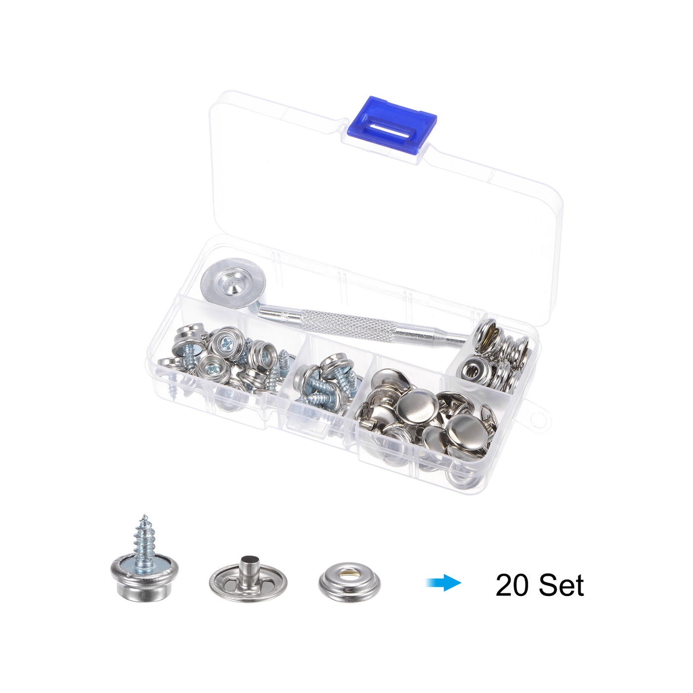 Harfington 20 Sets Screw Snap Fasteners Kit 10mm Metal Snaps with Tool, Silver Tone