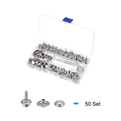 Harfington 50 Sets Screw Snap Fasteners Tool Kit 15mm Metal Snaps with Tool, Silver Tone