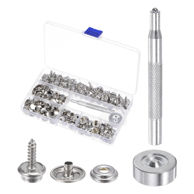 Harfington 50 Sets Screw Snap Fasteners Tool Kit 15mm Metal Snaps with Tool, Silver Tone