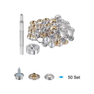 Harfington 50 Sets Screw Snap Fasteners Kit 10mm Copper Snaps with Tool, Silver Tone