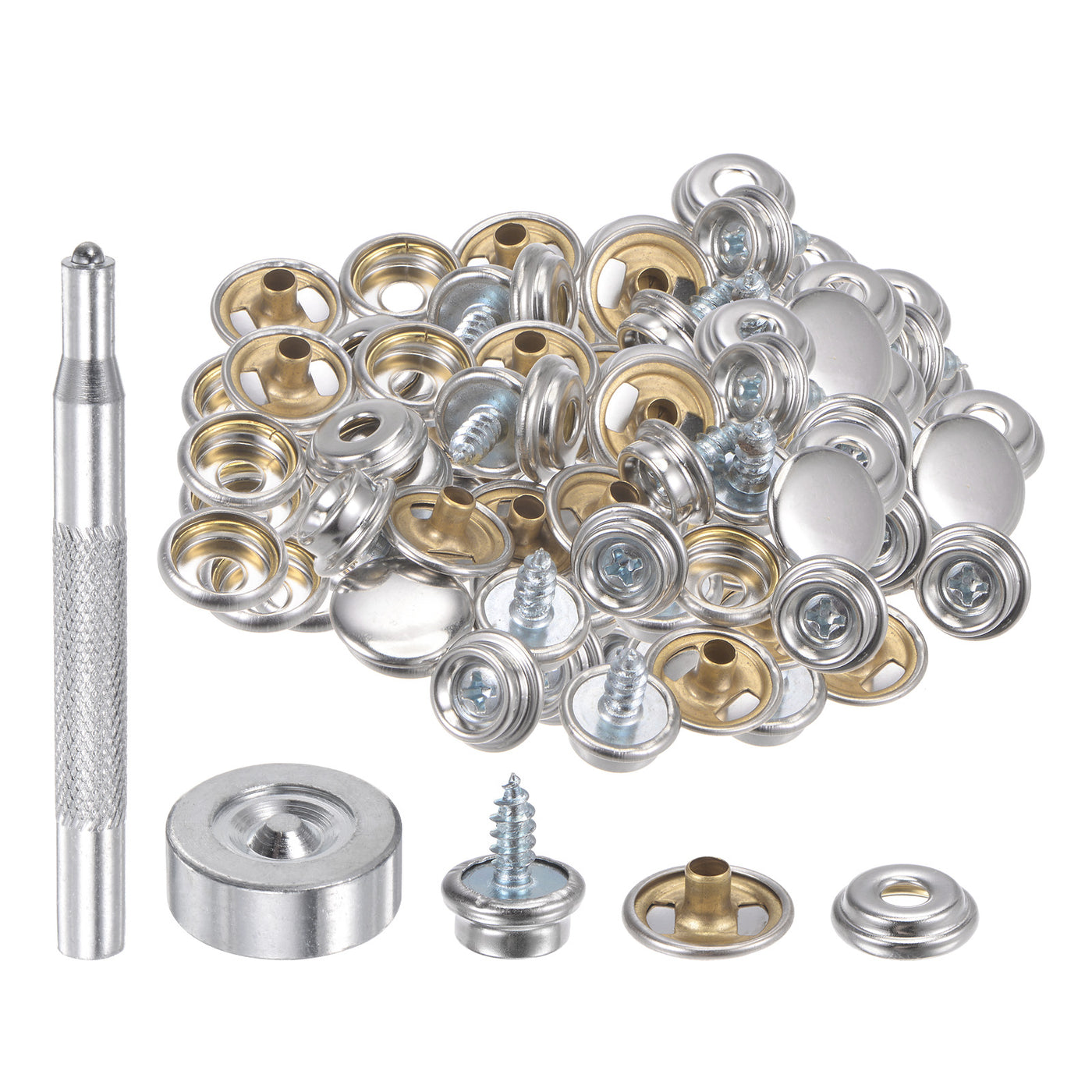 Harfington 50 Sets Screw Snap Fasteners Kit 10mm Copper Snaps with Tool, Silver Tone