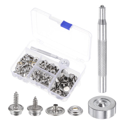 Harfington 50 Sets Screw Snap Fasteners Kit 15mm Metal Snaps with Dies, Silver Tone