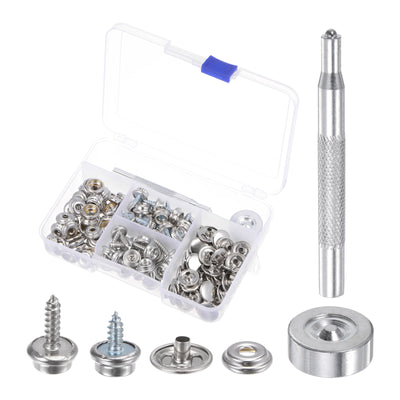 Harfington 50 Sets Screw Snap Fasteners Kit 15mm Metal Snaps with Tool Silver Tone