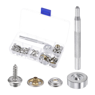 Harfington 15 Sets Stainless Screw Snap Kit 15mm Copper Snaps Button with Tool, Silver Tone