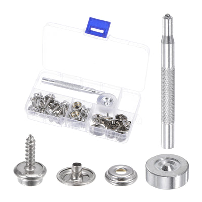 Harfington 15 Sets Screw Snap Fasteners Kit 15mm Metal Snaps with Tool, Silver Tone