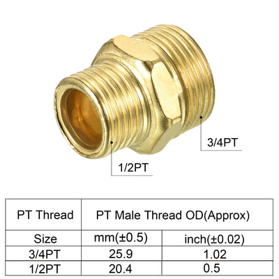 Harfington Pipe Fitting, 3/4PT to 1/2PT Male Thread Hex Extension Reducing Connector Adapter for Garden Water Pipes, Gold