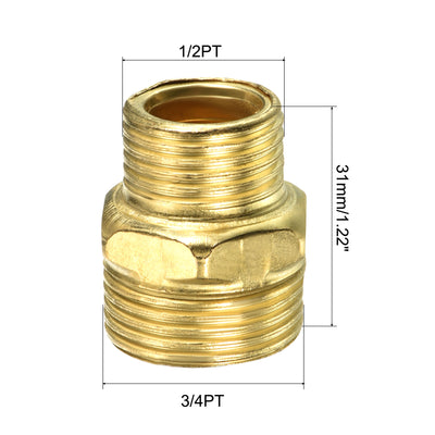 Harfington Pipe Fitting, 3 Pack 3/4PT to 1/2PT Male Thread Hex Extension Reducing Connector Adapter for Garden Water Pipes, Gold
